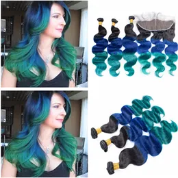 Brazilian Three Tone Human Hair Weave Bundles with Frontal Body Wave 1B/Blue/Green Ombre Hair Weaves with Full Lace Frontal Closure 13x4