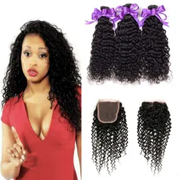 Brasiliansk Kinky Curly Human Hair 3 Bundlar med 4x4 Lace Closure Billiga Brasilianska Curly Virgin Human Hair Weave Extensions med stängning