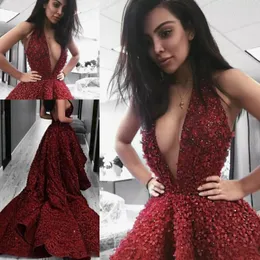 Dark Red 3D Flora Appliques Prom Dresses Sexy Deep V Neck Evening Gowns With Long Train Backless Arabic Formal Party Dress Custom Made