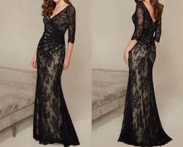 Black Elegant Fashion V-Neck Half Sleeve Beaded Lace Appliques Mermaid Long Evening Mother Of The Bride Dresses HY1540