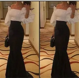 2018 black and white arabic prom dresses mermaid Juliet puff long sleeves eveing party gowns elegant off shoulder sweep train formal skirt