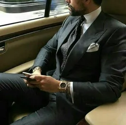 2018 Custom Made Charcoal Grey Peaked Lapel Evening Dress Men Suits Blazer Slim Fit Formal Wedding Suits Groom Wear Prom Tuxedo Jacket+Pants