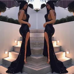 Sexy Mermaid Evening Dresses Black Sequined Prom Dresses Side Split V Neck Sweep Train Formal Wear