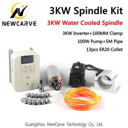 3KW Spindel kit 3KW 380V 100mm CNC Router Vattenkyld Spindelmotor + VFD + 100mm Klämma + 100W Vattenpump / rör + 13PCS ER20 NewCarve