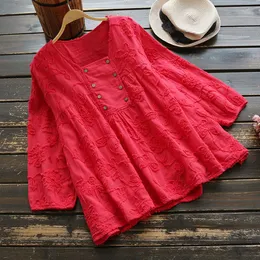 Neue Rote Stickerei Bluse Frauen Neun Viertel Hülse Baumwolle Tops 2018 Casual Süße Solide Platz Kragen Damen Shirts Femme Camisa
