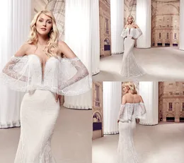 2019 Eddy K Mermaid Wedding Dresses With Wrap Sheer Jewel Neck Lace Appliques Boho Bridal Gowns Sweep Train Plus Size Wedding Dress Garden