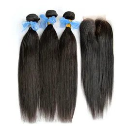 Brazilian Virgin Hair Weaves Bundles and Top Lace Closure Unprocessed 8A Brazillian Straight Remy Human Hair Extenstions With Closures 4Pcs