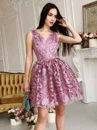 Billiga Lace Korta Homecoming Klänningar för Juniors V Neck Plus Storlek Prom Kappor En Linje Skräddarsy Cocktail Party Dress