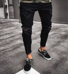 Pantalon noir pour hommes Hip Hop Rock trous Jean déchiré Biker coupe ajustée fermeture éclair Jean en détresse Pants297u