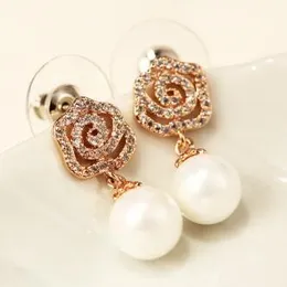 Hot Sale Rose Gold Plated Flower Drop Earrings Korean Pearl Dangle Earrings Fashion Crystal Earrings Vintage Jewelry Accessories