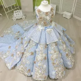 Sky Blue Ball Gown Girls Pageant Dresses With Champagne Flowers Lace Tiered Flower Girl Gowns For Wedding Sweep Train Kids Prom Dress