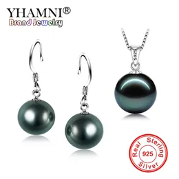 YHAMNI мода настоящее стерлингового серебра 925 натуральный черный жемчуг кулон ожерелье серьги свадебный комплект ювелирных изделий для женщин TZH001