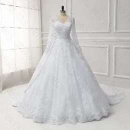 Avtagbar Långärmad Bröllopsklänningar Katedral Lace Appliques Ball Gown Bridal Dresses Winter Real Picture Wedding Dress