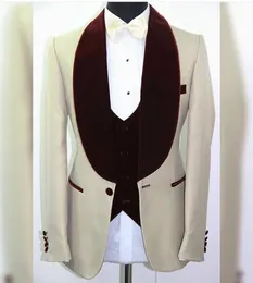 Alla älskade stiliga brudgummen sjal mörk röd lapel brudgum tuxedos en knapp män passar bröllop / prom bästa man blazer (jacka + byxor + väst + slips)