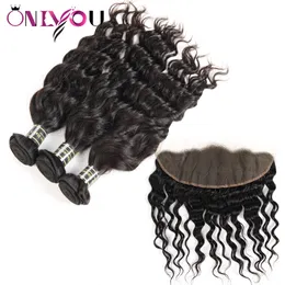 Feixes de cabelo brasileiro de vison não processado com cabelo humano de onda de água frontal com fechamento extensões de cabelo de onda natural apenas para mulheres negras