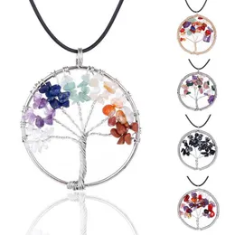 Fashion Tree Of Life necklaces Rainbow 7 Chakra Natural Stone Quartz Wisdom Tree pendant Black Rope chains For women Jewelry Gift