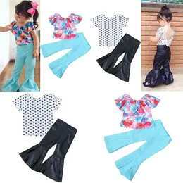 Baby Lotus leaf collar outfits girls shell Dot print t shirts top+PU Flare pants 2pcs/set 2018 fashion kids Clothing Sets C4697