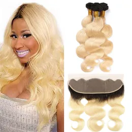 Cuticle Aligned Blonde Ombre Bundles with Frontal Closure 1B 613 Body Wave Brazilian Virgin Hair Bundles with Frontal 13*4 Inch Closure