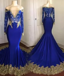 Royal Blue New Long Sleeve Mermaid Evening Dresses Off the Shoulder Lace Appliques Court Train Prom Gowns