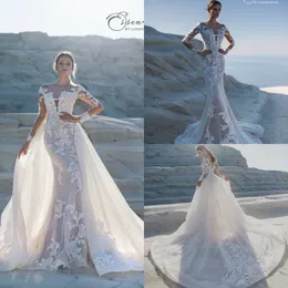 2019 vestidos de casamento sereia com saias destacáveis ​​pura jóia laço laço apliques de varredura de varredura de manga longa vestido de noiva modesto