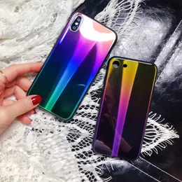 Luxury Aurora Gradient Color Phone Case For iPhone X 8 7 6 6s Plus TPU+Glass Blue Ray Gradient Light Back Cover For Samsung S8 S9