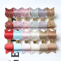 24pcs Double Hair Bow Prince Kids Girl Hairpins Faux Glitter Felt Litchi Stria Baby PU Leather Hair Grip Stripe Gold Clip Barrettes