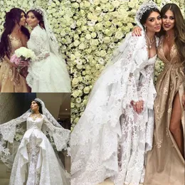 Seksowna Otwarta Suknia Ślubna Z Overskirt Koraliki Koronkowe Aplikacje Z Długim Rękawem Dubaj Sukienka Bridal Glamorous Tulle Mermaid Wedding Dresse