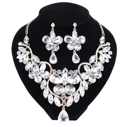 Moda Złoto Kolor Bridal Jewelry Set Dla Brides Kryształ Naszyjnik Kolczyki Wedding Party Kostium Akcesoria Dekoracja Kobiety