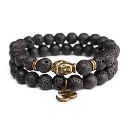 2pcs / mycket naturliga 8mm lava stenpärlor armband svart onyx tibetan buddha strand armband för män ny design yoga smycken