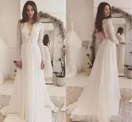 2018 Long Sleeve Plus Size Wedding Dresses Simple Cheap Applique Lace Chiffon V-neck Backless Sweep Train Beach Wedding Gown