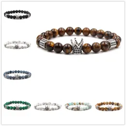 Män Smycken Micro Pave CZ Zirconia King Crown Charm Bracelet Natural Stone Bead Bracelets Julklappar