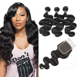 Ishow Peruvian Human Hair Weave 3 Bundles With Lace Closure Virgin Hair Extensions 10A Brazilian Body Wave Wefts for Women Girls Natural Color 8-28inch