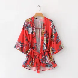 2018 Boho Chic Çiçek Baskı Plaj Uzun Kimono Gömlek Kadın Rahat Yaz Flare Sleeve Bohemian Ceket Femme Blusas N258 Tops