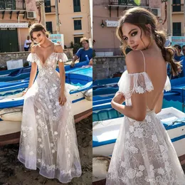 2019 Berta Muse Wedding Dresses A Line Off The Shoulder Beach Backless Sexy Illusion Bodice Lace Applique Bridal Gowns Robe De Mariée