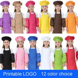 Adorable 3pcs/set work apron Children Kitchen Waists 12 Colors Kids Aprons with Sleeve&Chef Hats for Painting Cooking Baking Printable LOGO DHL