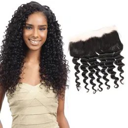 Malaysiska obearbetade m￤nskliga h￥r 13x4 Spets frontal Deep Wave Curly 13 by 4 Frontal With Baby Hair Ear to Ear Virgin Hair Top St￤ngningar 10-24 "