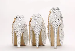 crystal wedding shoes luxury round toe rhinestone pearl bridal shoes high heel ecru white dress shoe