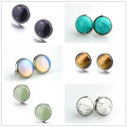 Natural stone 8mm 10mm 12mm White Green Turquoise opal pink crystal Stone Druzy stud Earrings Jewelry for Women