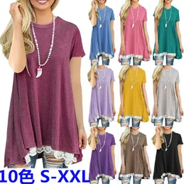 Kvinnor T-shirt Sommar Kortärmad T-tröja Plus Storlek Lösa Kvinnor Toppar Lace XXL Tshirt Billiga Kina Kläder 10 färger