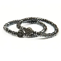 Mäns Smycken Partihandel 10st / Lot Faceted Flat Hematite Stenpärlor Med Titan Steel Cross och Anchor Beaded Armband