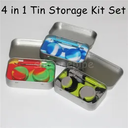 4 in 1 Tin Metal Box Case Portable Silicone Storage Kit with 2pcs Food Grade Silicone Wax Container Oil Jar Base Dabber Tool