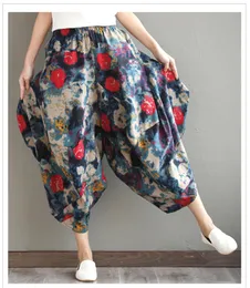 Capris 2018 plus size primavera verão casual vintage algodão calças de linho feminino elástico cintura alta calças largas perna harem pantalones