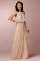 Country Style Blush Pink Two Pieces Lace Bridesmaid Dresses Soft Tulle Sheer Maid Of Honor Full Length Long Evening Prom Gowns HY278