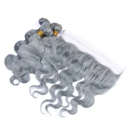 Peruvian Grey Hair Weave 3 buntar med 13x4 spets frontal stängning silver grå jungfruliga hårförlängningar med stängning ren grå kroppsvåg vågig