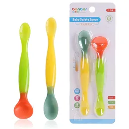 Barn Feeding Spoon Pature Emperature Sensing Byte Färg Silikon Soft Head Spoons Baby Porslin för present 6 88WY FF