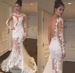 Mermaid Full Lace Dreess Applique Sheer Neck Tulle Long Illusion Sleeves Backless Sweep Train Wedding Bridal Gowns Custom