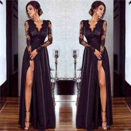 Sexy Black Prom Dresses Side Split Koronki Głębokie V Neck Długie Rękawy Illusion Simple Backless Floor Długość Formalne Suknie Prom Suknie