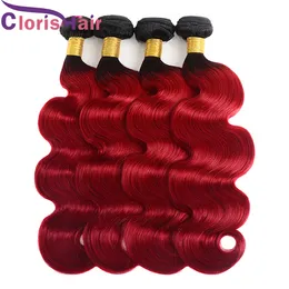 Ombre 1b Red Body Wave Hair Weaves 3st Two Tone Red Brazillian Virgin Human Hair Extensions Billig Vågigt Mörk Root Röd Ombre Bundles