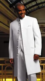 High Quality Groom Tuxedos Long White Stand Collar Groomsmen Best Man Suit Wedding Mens Suits (Jacket+Pants+Vest+Tie) J220
