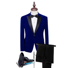 Autumn Winter Fashion Royal Blue Velvet Groom Tuxedos Black Lapel One Button Men Wedding Tuxedos Men Prom Dinner Suit(Jacket+Pants+Tie) 1922